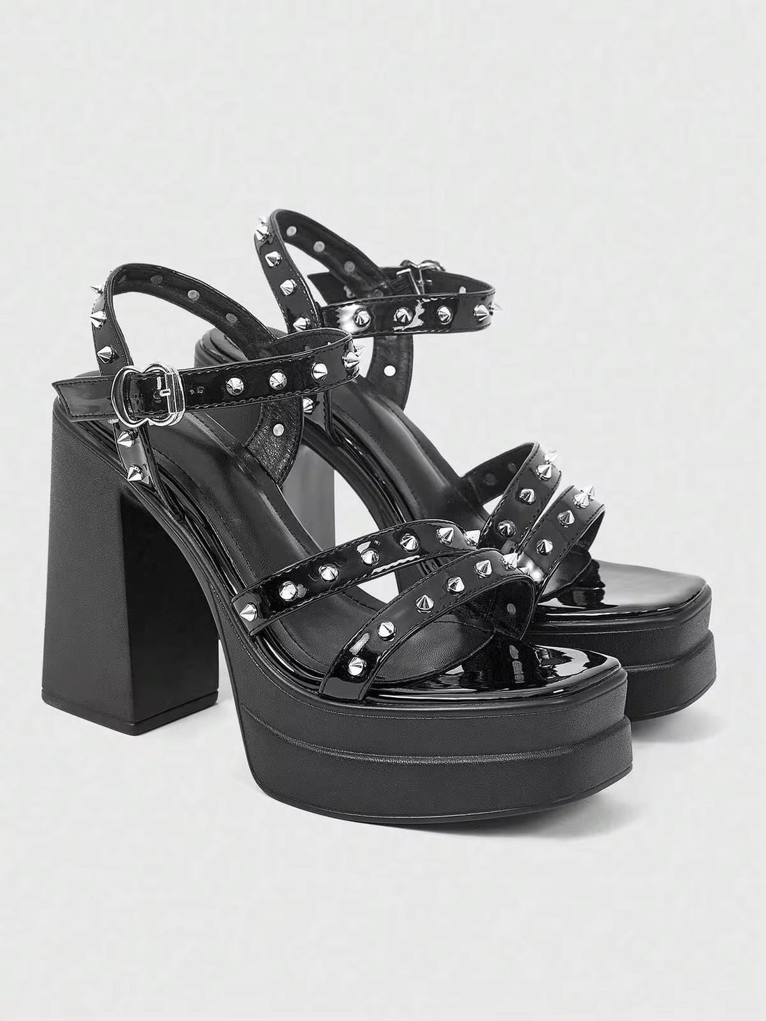 ROMWE Grunge Punk Women's Fashion Sexy High-Heeled Sandals, Punk Style Gothic Street Style With Rivet Inlaid Design Thick Heel, Spring And Summer Nightclub Party Festival Women's Shoes