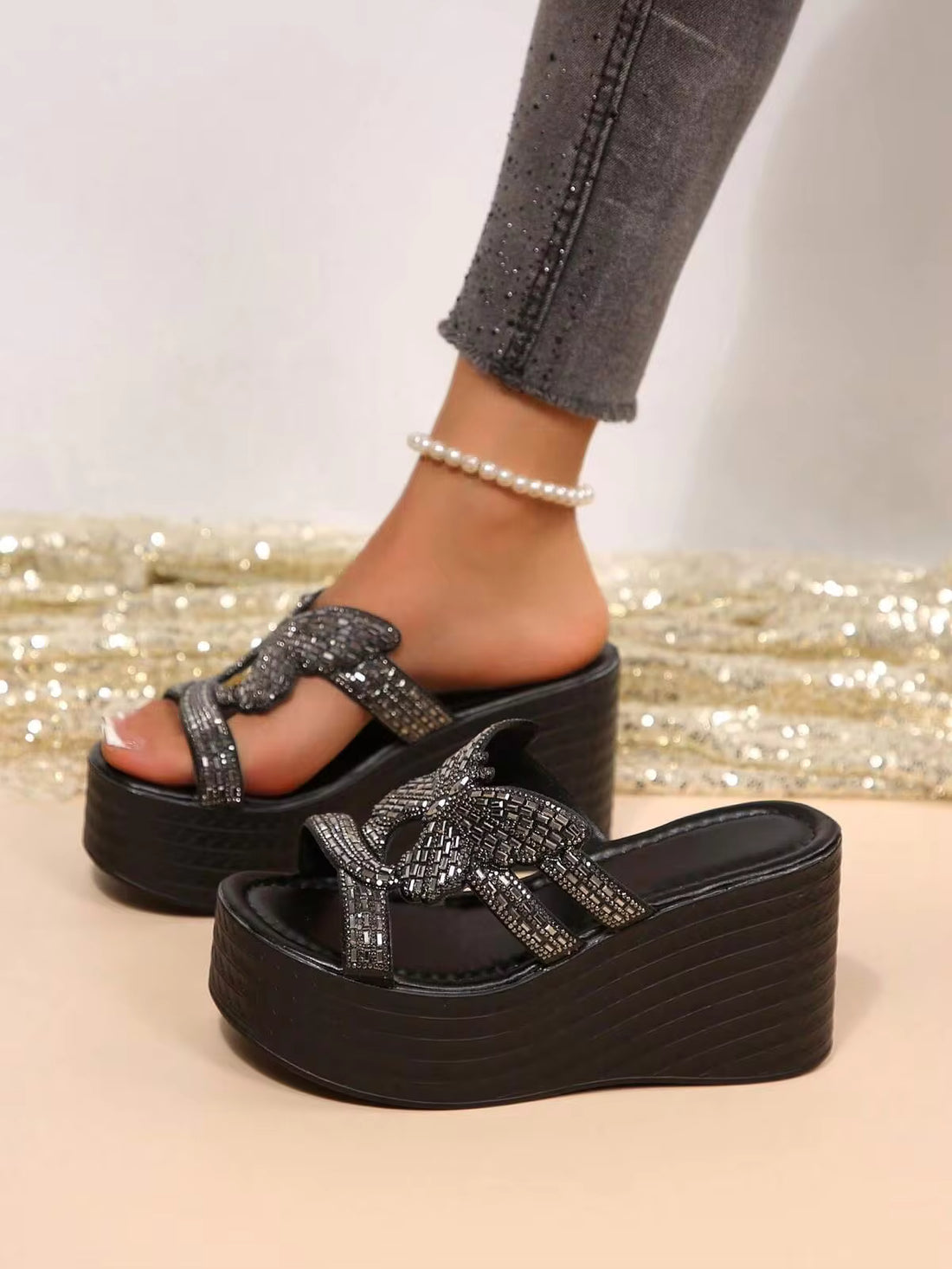 Women's Wedge Heel Platform Sandals, Versatile Sparkling Anti-Slip Gunmetal Rhinestone 3D Butterfly Solid Color Round Toe Low-Top Cross Wide Strap Platform Wedge Mule Slides, European Party Style Spring Summer Evening Gala Date Shopping Travel Daily Shoes
