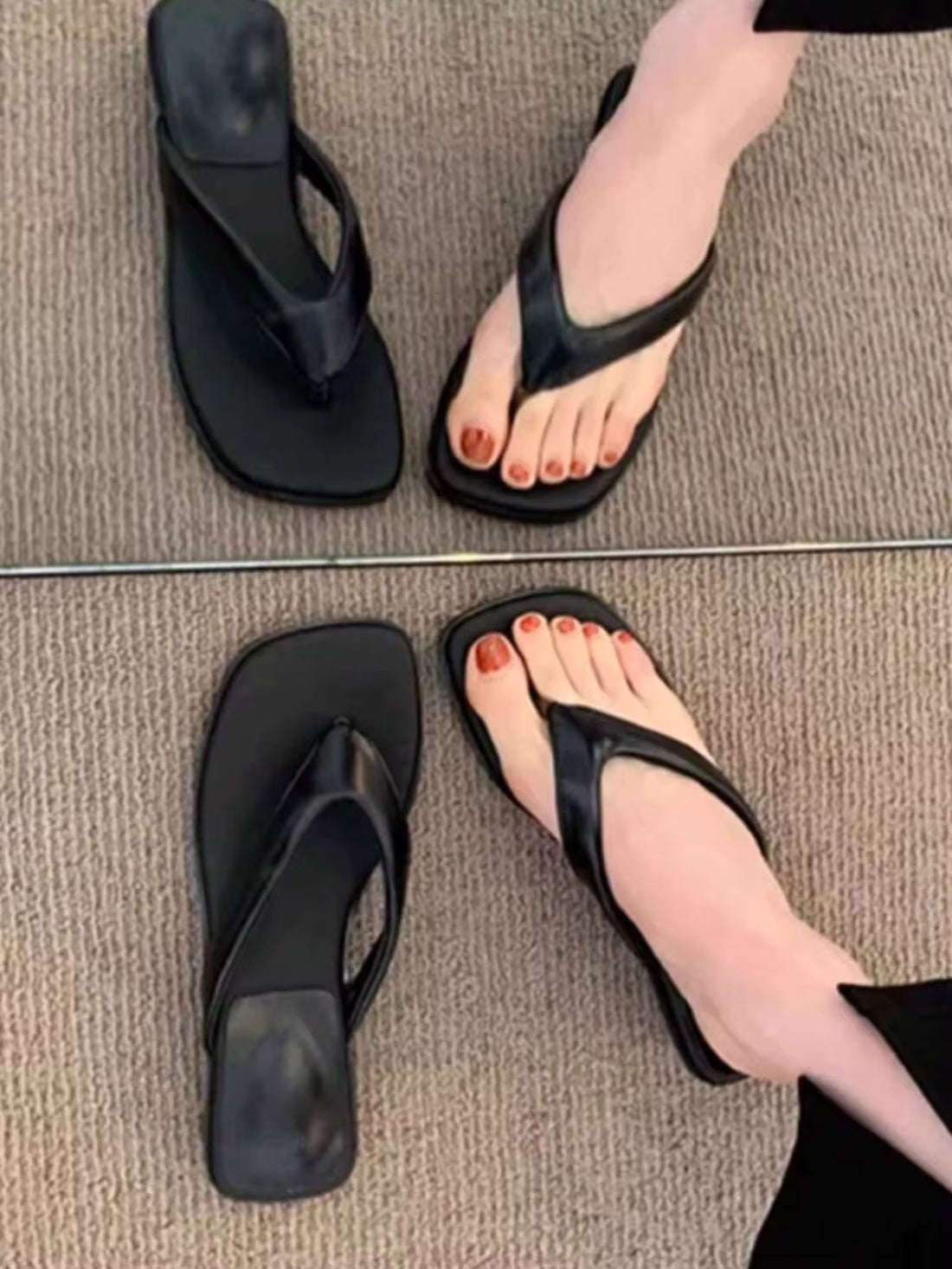 Minimalist Black Square Toe Thong Sandals, Women's Flat Leather Flip Flops, Casual Summer Beach Shoes, Simple Everyday Slippers