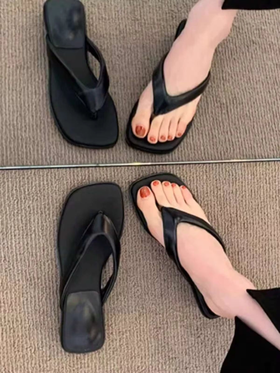 Minimalist Black Square Toe Thong Sandals, Women's Flat Leather Flip Flops, Casual Summer Beach Shoes, Simple Everyday Slippers